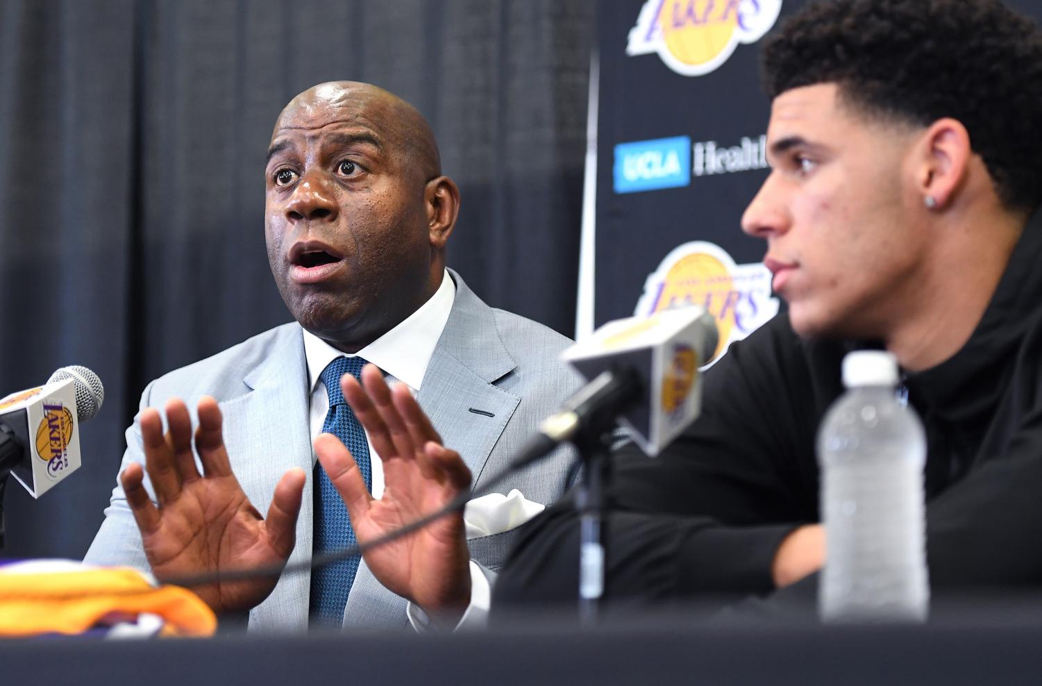 Los Angeles Lakers President of Basketball Operations Magic Johnson speaks during a news conference introducing the Lakers' first-round draft pick, second overall, Lonzo Ball at the team's training facility in El Segundo, Calif., on Friday, June 23, 2017. (Wally Skalij/Los Angeles Times/TNS)