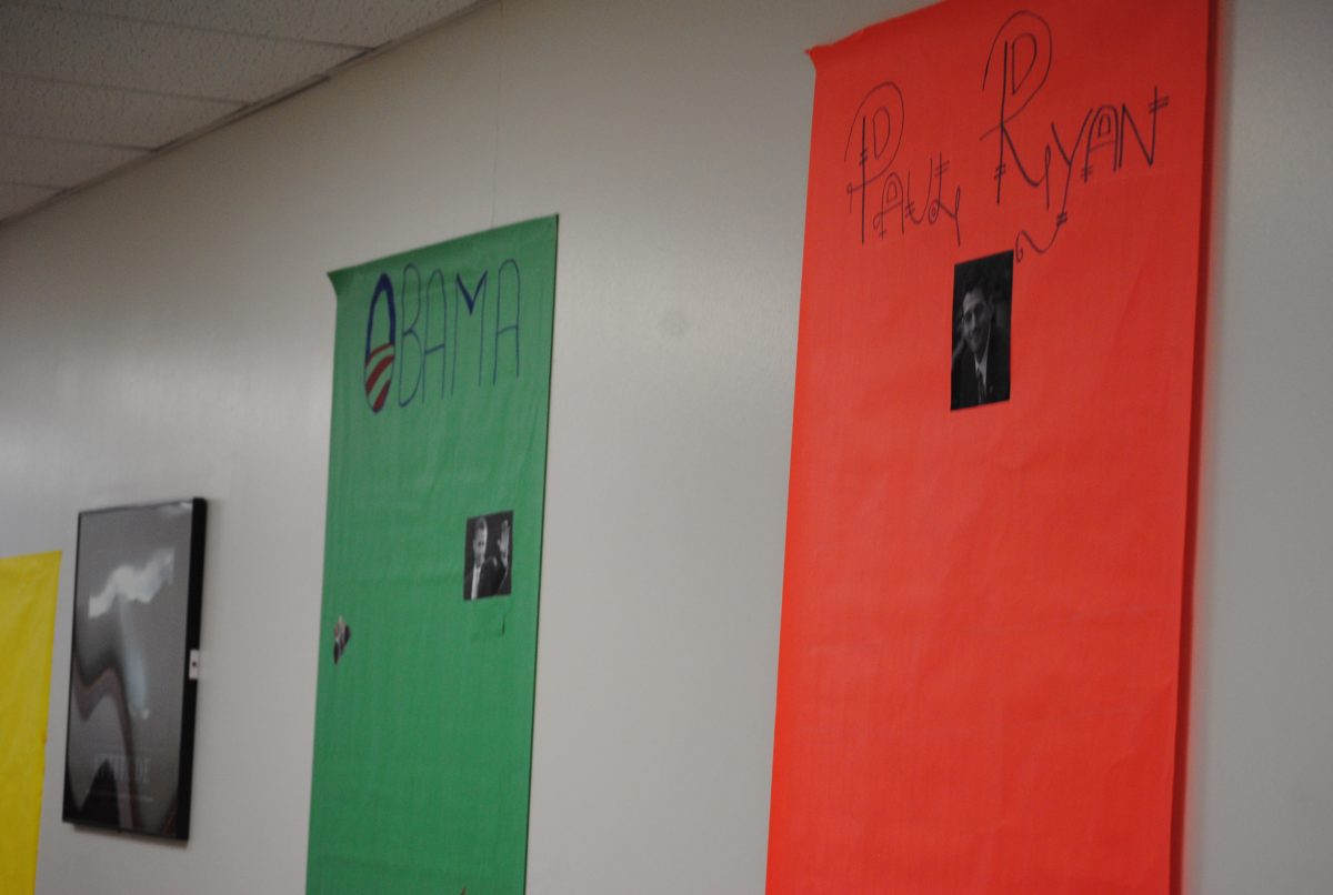 Posters for Barack Obama and Paul Ryan, along with other political candidates, are put up near the ESOL wing. The posters are being used to educate ESOL students on the elections of governor, president, and senator. Photo by Austin Dubinsky.