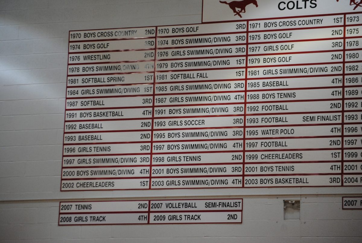 Top team State finishes, which are largely displayed on the walls of Gym A, haven’t been updated since girls track placed second in 2009 despite other finishes, including boys swimming in 2011. Photo by Matthew Walter.