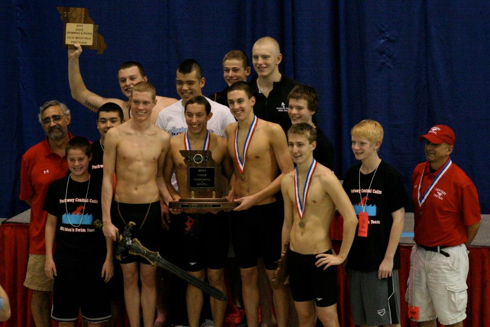 The+boys+swim+team+celebrates+after+taking+second+place+at+the+state+swim+meet+on+Nov.+10+at+the+Rec+Plex+in+St.+Peters.+Photo+Courtesy+of+Mrs.+Orf