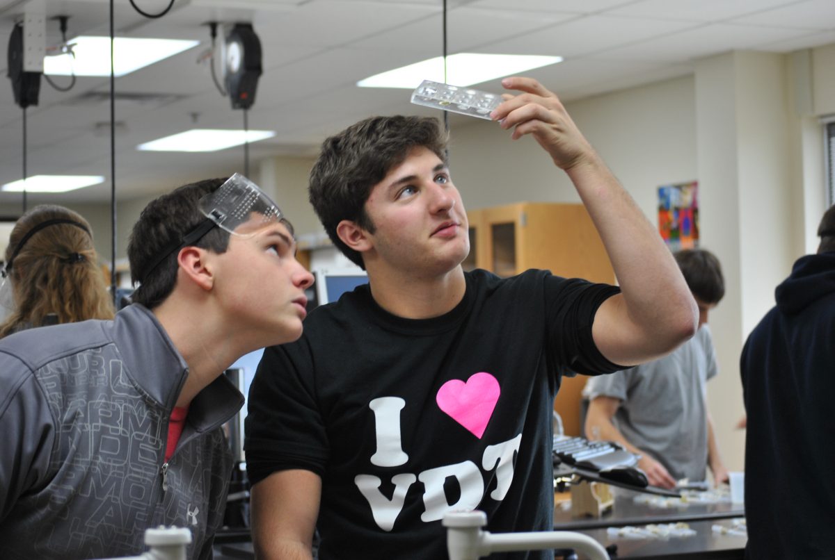 Juniors Nathan Rockamann, left, and Joe Goldberg, right, both in Mrs. Karfs chemistry class examine the mystery solution they are attempting to identify.
Photo by Jill Kealing