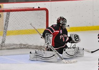 Junior Aaron Brickman is positioned to make a save on his Chesterfield Falcons select hockey team.  Photo courtesy of Aaron Brickman.