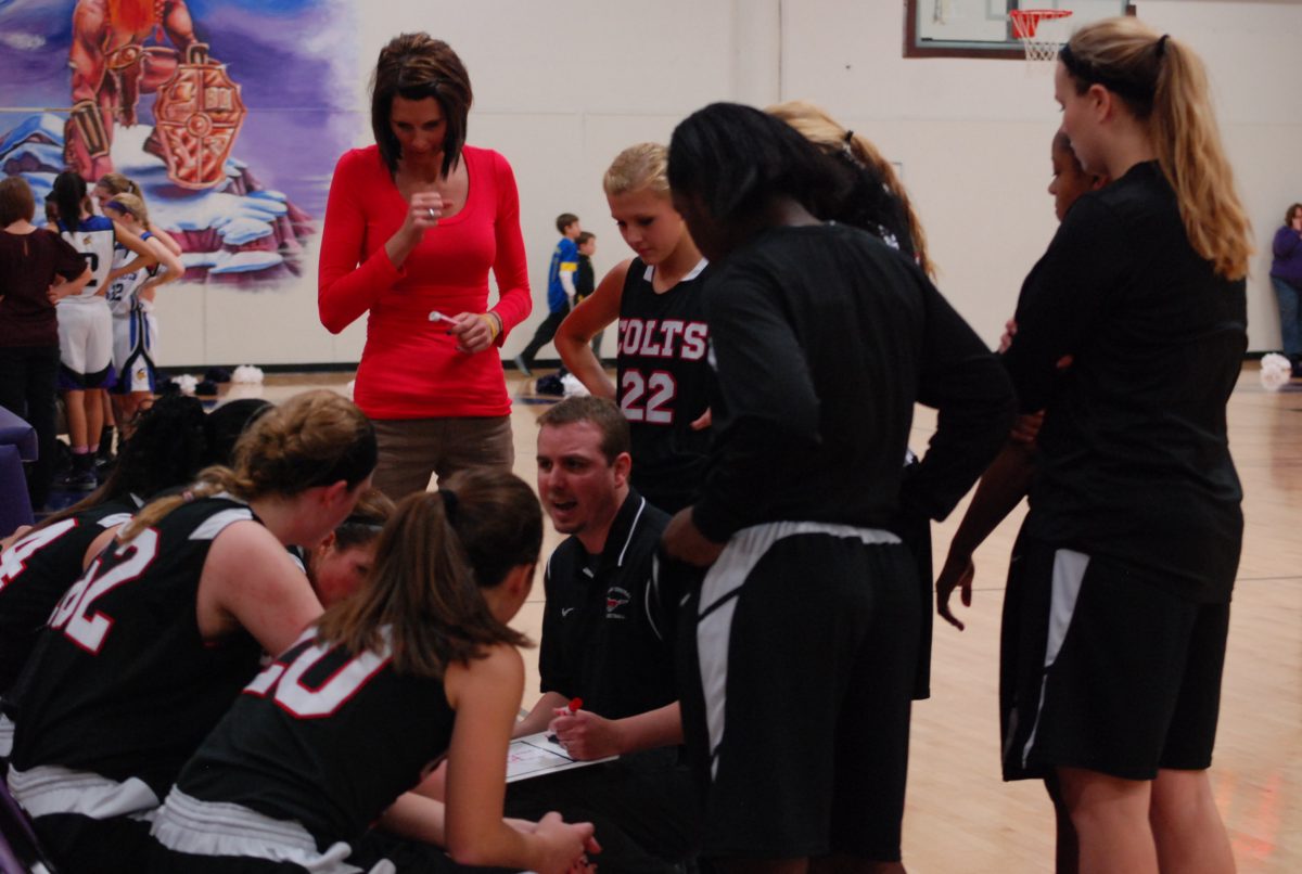 Varsity+girls+basketball+coach+Brian+Guilfoyle+huddles+up+with+his+team+in+the+game+against+Parkway+North.+Photo+by%3A+Matthew+Gibbs