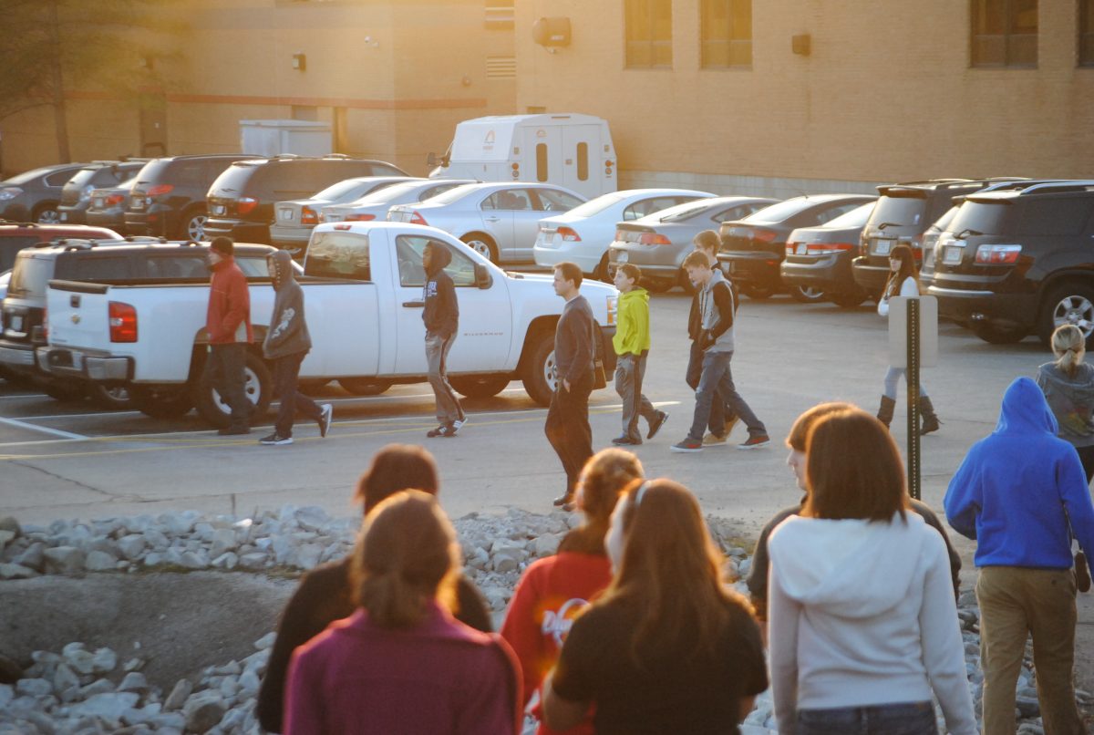 Science students participate in the second block fire drill on a cold Thursday morning. Photo by Dean Trail