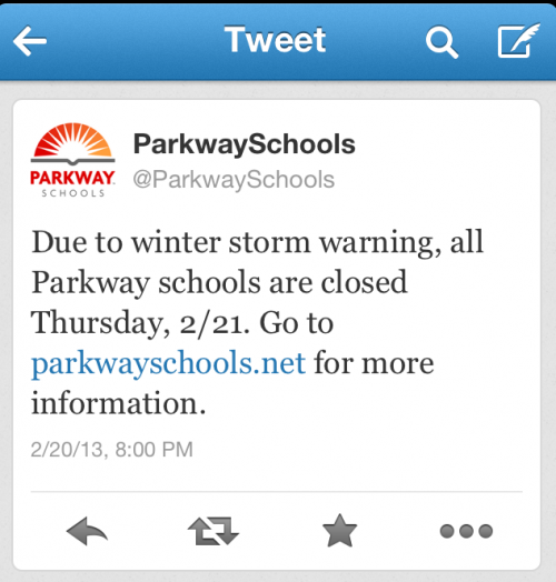 Parkway notifies district that schools will be closed on Thursday, Feb. 21 through Twitter at 8:00 PM exactly. They also sent out a call to all parents that school would be closed.