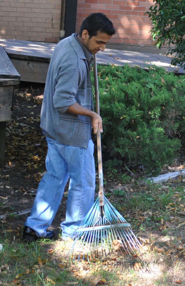 Senior Inayatullah Shaheen helps rake leaves on Beautification Day. Photo by Ms. Tara Stepanek.
