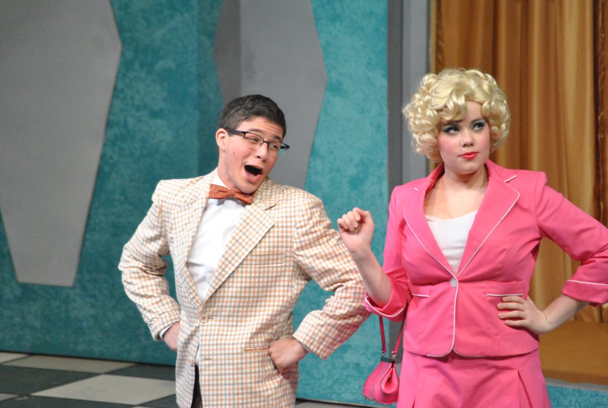 Juniors Jake Blonstein and Lizzy Langa perform in How To Succeed in Business Without Really Trying.  Both Blonstein and Langa were both nominated for two Cappies in this show.  Photo by Emily Schenberg 