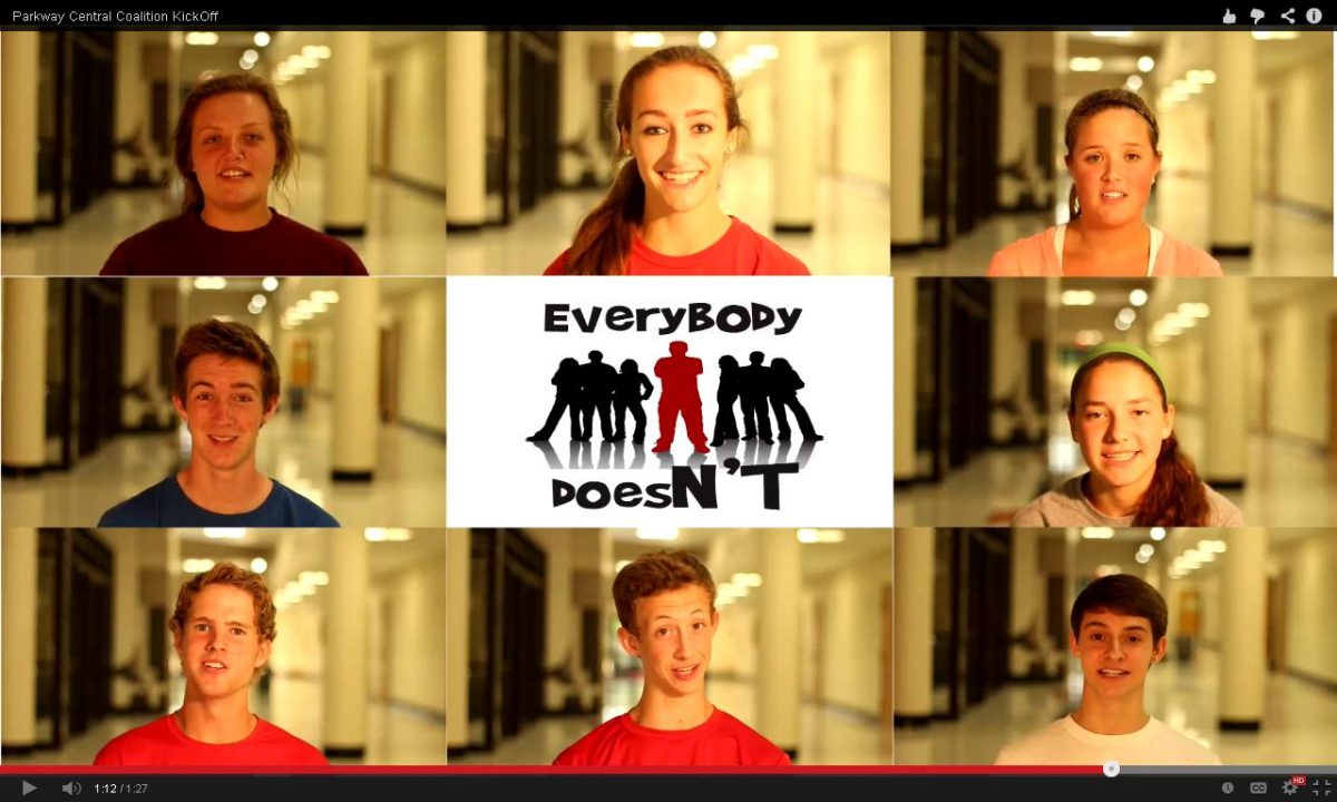 Members of Coalition team up to make one of their monthly videos. From upper left: freshman Paige Wallis, senior Peyton Mogley, junior Carly Beck, sophomore Caitlin Magruder, senior Kyle Pollak, junior Matthew Schmittdiel, sophomore Michael Rembold and senior Daniel Larson.  The program looks to make a monthly video that promotes a healthy lifestyle.  Photo courtesy of Jonathan Hwang.