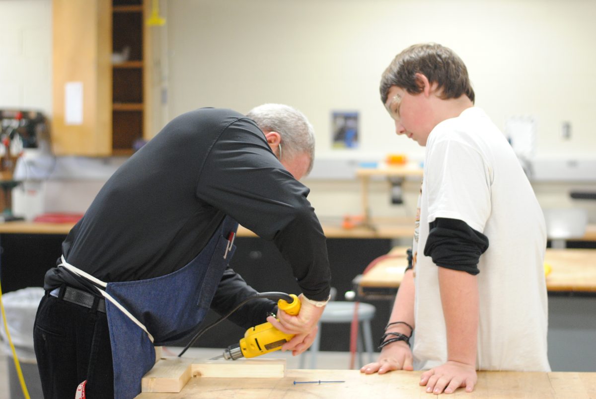 Freshman Anthony Braun works with a power drill in Mr. Todd Pannett’s Construction Technology class, one of the only
industrial arts type classes Central provides. Photo by Katie Richards.