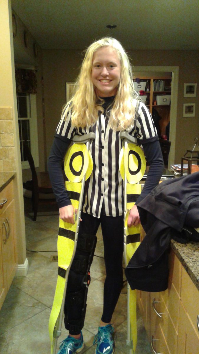 Senior Taylor Burlis turned her crutches into part of her costume for Halloween. Photo by Hanna Whitehouse.