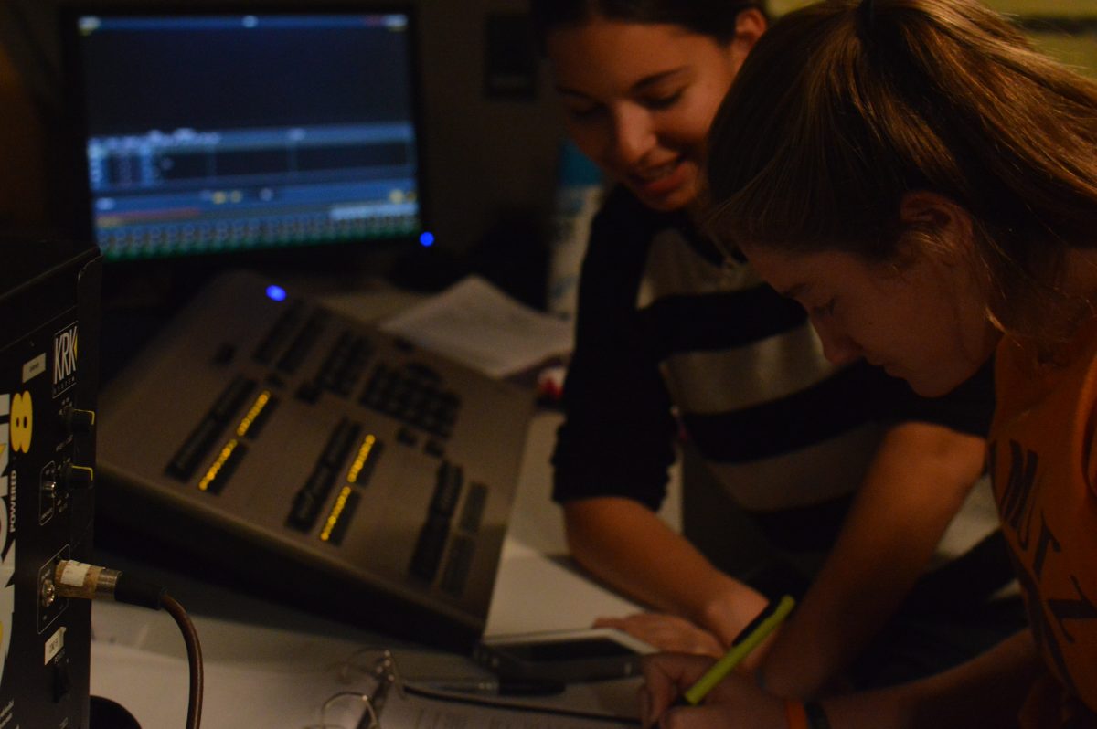 Junior Joanna Kolker and sophomore Jessie Goldberg mark stage and light cues during rehearsal in November. Photo by Kirk Randolph