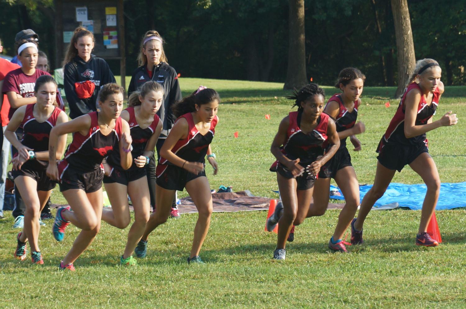 The girls varsity cross country team leaps forward as the starting gun goes off at the Parkway Quad meet.