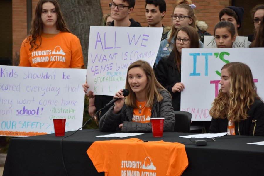 Senior Hannah Maurer speaks at a press conference hosted by Colts Demand Action. 