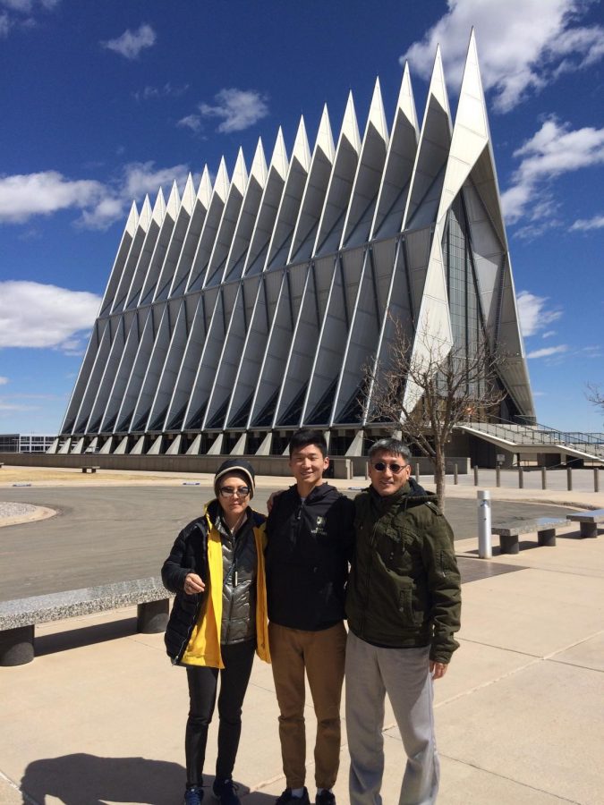 John Kim and his parents stands outside the Cadet Chapel at USAFA. Although Kim is committed to West Point, he visited the United States Air Force Academy over spring break this year.  Photo courtesy of John Kim