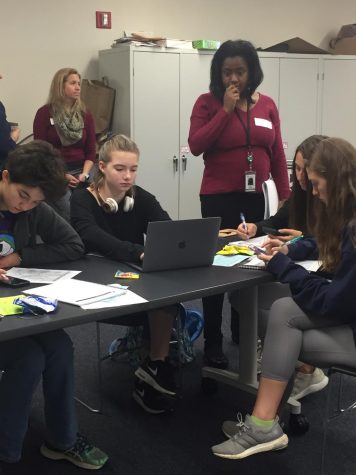 From Left to Right: Kylie Jost (10), Alexis Schnatmeier (10), Julie Ryterski (10), and Talia Emch (12) meet with a representative of TD Ameritrade during AC Lab on Oct. 17. Photo by Shoshana Weinstein.