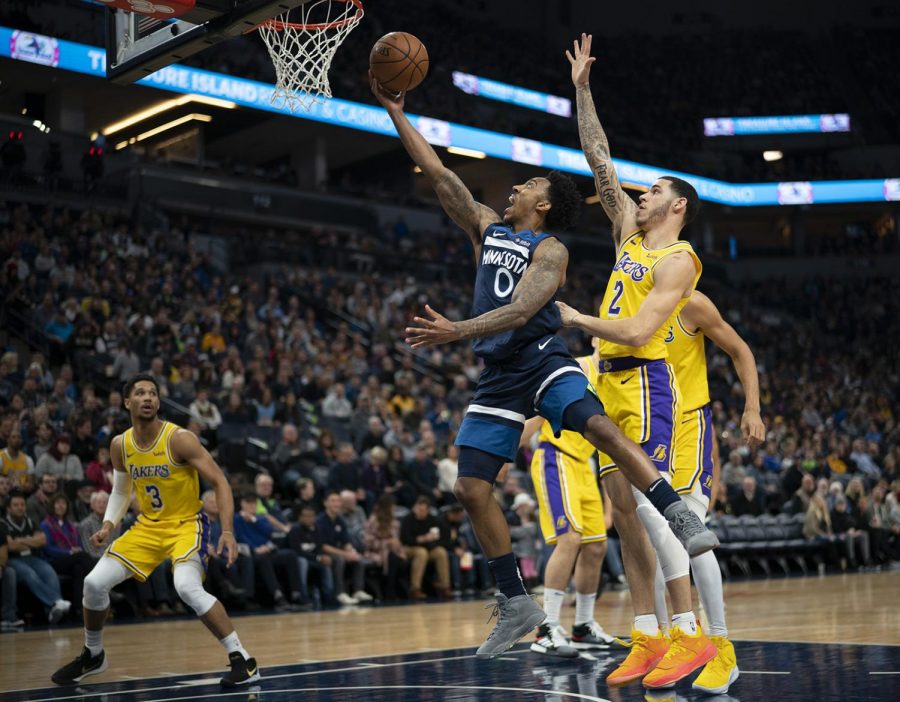 Minnesota Timberwolves guard Jeff Teague (0) drives to the net in the first quarter against the Los Angeles Lakers on Sunday, Jan. 6, 2019 at Target Center in Minneapolis, Minn. He finished with 15 points. The Minnesota Timberwolves defeated the Los Angeles Lakers, 108-86. (Jeff Wheeler/Minneapolis Star Tribune/TNS)