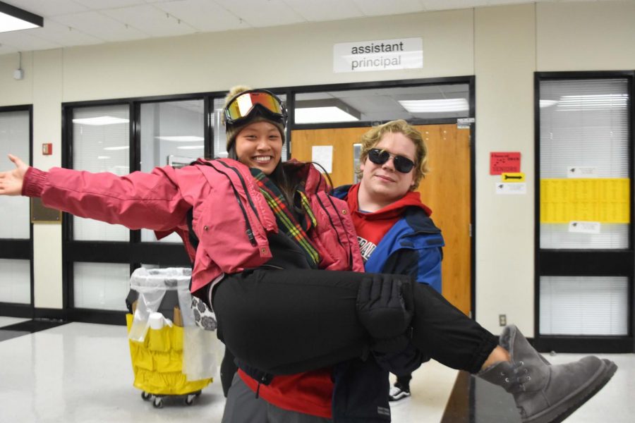 Seniors Tiffany Huang and Stephen Unk dressed up in their ski wear showing school spirit during KISS week.