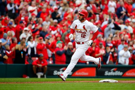 The St. Louis Cardinals' Paul DeJong rounds third base after hitting a home run against the San Diego Padres in the fourth inning at Busch Stadium in St. Louis on Friday, April 5, 2019. The Padres won, 5-3. **FOR USE WITH THIS STORY ONLY** (Dilip Vishwanat/Getty Images/TNS)
