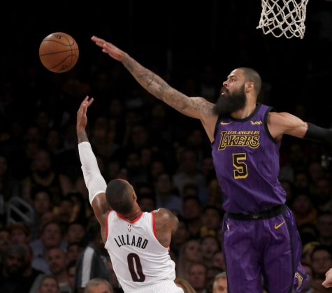 The Los Angeles Lakers' Tyson Chandler (5) blocks a shot by the Portland Trailblazers' Damian Lillard in the second quarter on Wednesday, Nov. 14, 2018, at Staples Center in Los Angeles. The Lakers won, 126-117. (LuisSinco/Los Angeles Times/TNS)