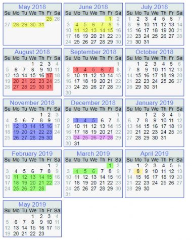 This is an example of a schedule that would potentially replace the summer vacation schedule. Instead of having a sinlge long break, this schedule spreads out all the breaks into four main sections for each season. The shaded regions are breaks and the unshaded regions are school days. Accompanying these breaks would be an additional 11 days for scattered additional breaks not listed on the calendar.