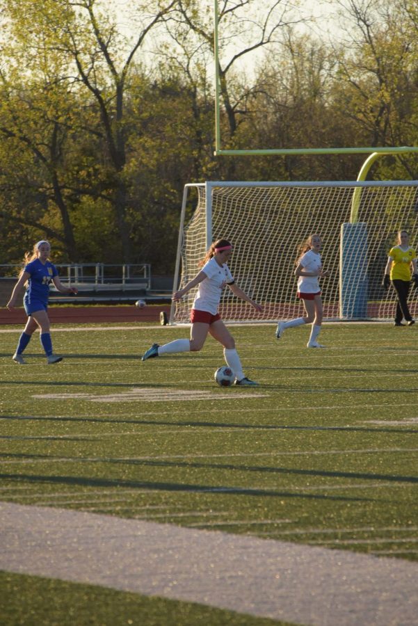 Photo of senior Talia Emch kicks the ball during a game against Francis Howell. The Vikings won the game 8-1, and Emch scored the single goal for the Colts. Photo by Wagner Photography.