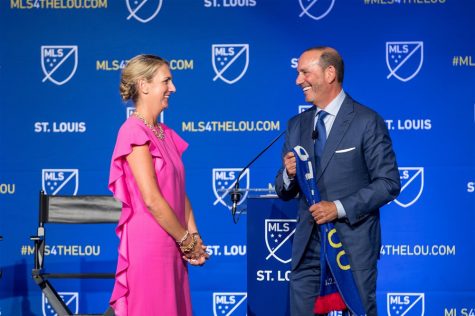 Caroline Kindle Betz and MLS Commisioner Don Garber at the MLS team announcement on Tuesday, Aug. 20.
