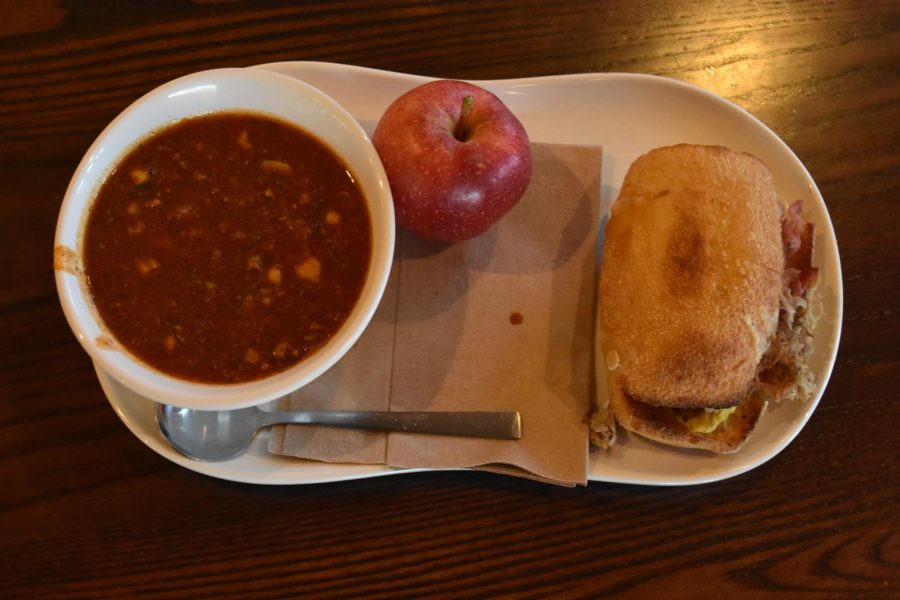 I ordered a Cuban sandwich, turkey chili soup, and an apple from the Four Seasons Shopping Center location.