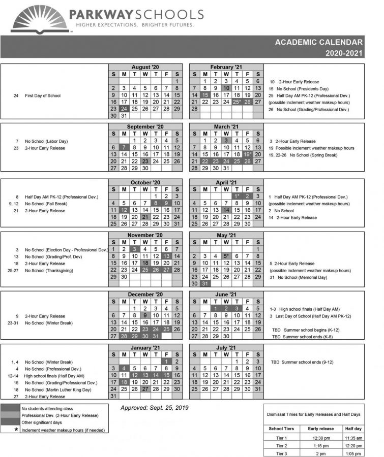 The Parkway Calendar for the 2020-2021 School Year.