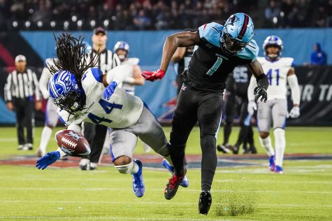 Dallas Renegades wide receiver Jazz Ferguson (1) has a pass sail out of reach as St. Louis Battlehawks safety Joe Powell (44) defends during the second half on Sunday, Feb. 9, 2020 at Globe Life Park in Arlington, Texas. (Smiley N. Pool/The Dallas Morning News/TNS)