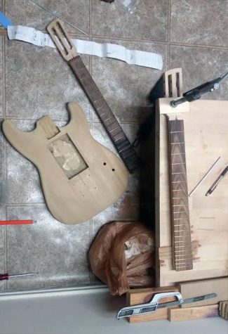 Senior Pavel Borovik’s guitar in the beginning stages of the project before the individual parts were attached.