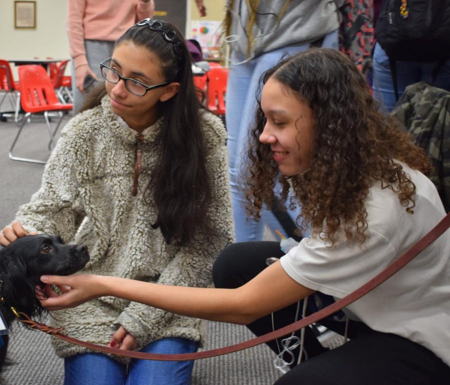 Freshmans+Laila+Jones+and+Estefania+Gil+at+the+dogs+and+ice+cream+program.