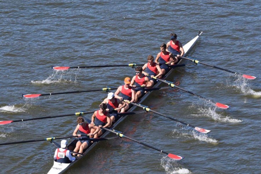 Junior Michael Pfau rowing for the STL Rowing Club. “At a rowing event which is called a regetta, boats compete against each other in different events depending on the boat,” Pfau said. 