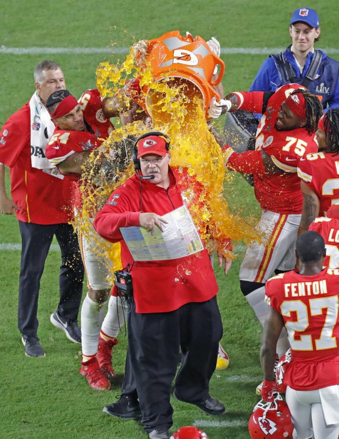 Players dunk Kansas City Chiefs head coach Andy Reid with Gatorade after they defeated the San Francisco 49ers at Super Bowl LIV at Hard Rock Stadium in Miami Gardens, Fla. on Sunday, Feb. 2, 2020.