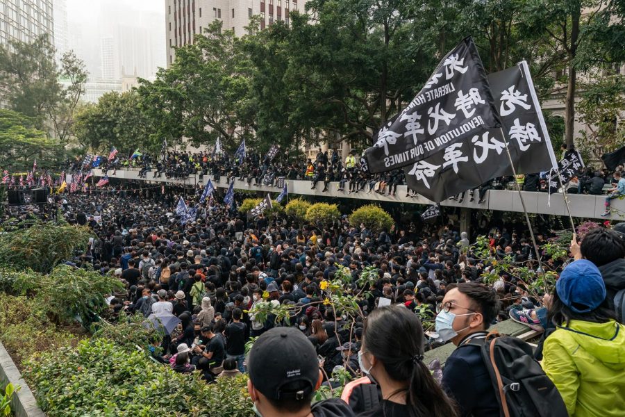 Protesters take part in a Universal Siege On Communists’ rally at Charter Garden in Central district on Jan. 19, 2020 in Hong Kong, China. Anti-government protesters in Hong Kong rally ahead of Lunar New Year to continue their demands for an independent inquiry into police brutality, the retraction of the word “riot” to describe the rallies, and genuine universal suffrage. (Anthony Kwan/Getty Images/TNS)