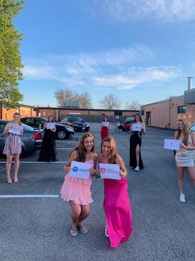 Seniors Mackenna Westerfield, Madison Westerfield, Sophia Chelist, Michelle Korenfeld, Hannah Berry,  Lindsey Ormont and Sophie Lowis on the Parkway Central parking lot on prom night. Since prom was cancelled a group of seniors got dressed up and celebrated prom together.