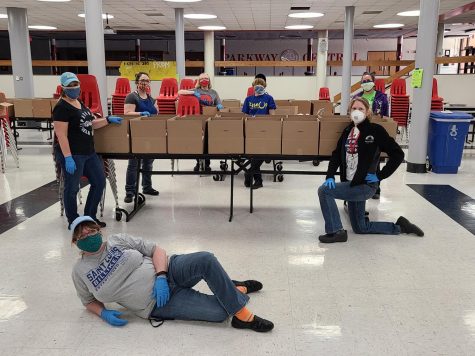 Parkway staff preparing meal boxes for the week. Photo provided by: Marlene Pfeifferis