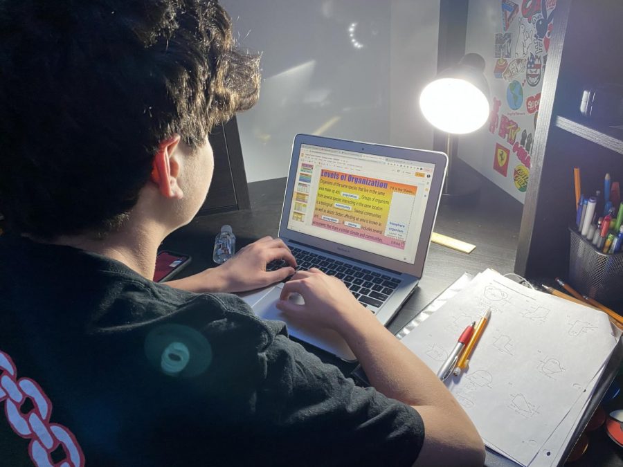 Freshman Jacob Abowitz does homework on his school issued Chromebook