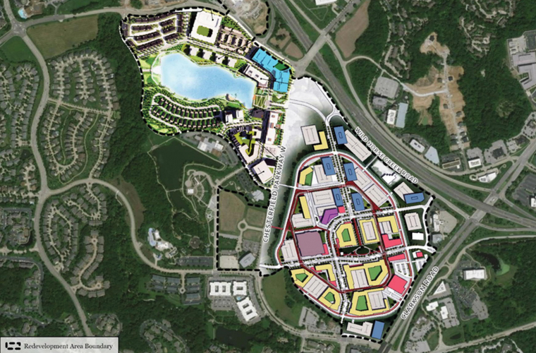 Boundary of the Chesterfield Redevelopment Zone, including the Chesterfield Mall and areas across Chesterfield
Parkway including the Sachs Library and YMCA up to Wild Horse Creek Road. 