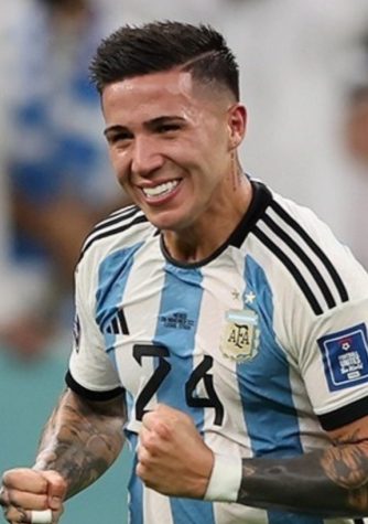 Center Midfielder Enzo Fernandez smiles during the 2022 World Cup. Photo by Wikimedia.