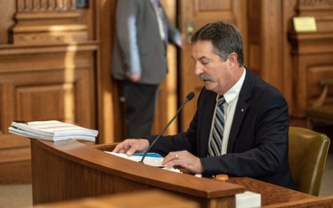 State Sen. Mike Moon, R-Ash Grove, introduces his bill opponents are labeling a Dont Say Gay bill before the Senate Education and Workforce Development Committee Tuesday. A thick stack of witness forms sits on the desk.