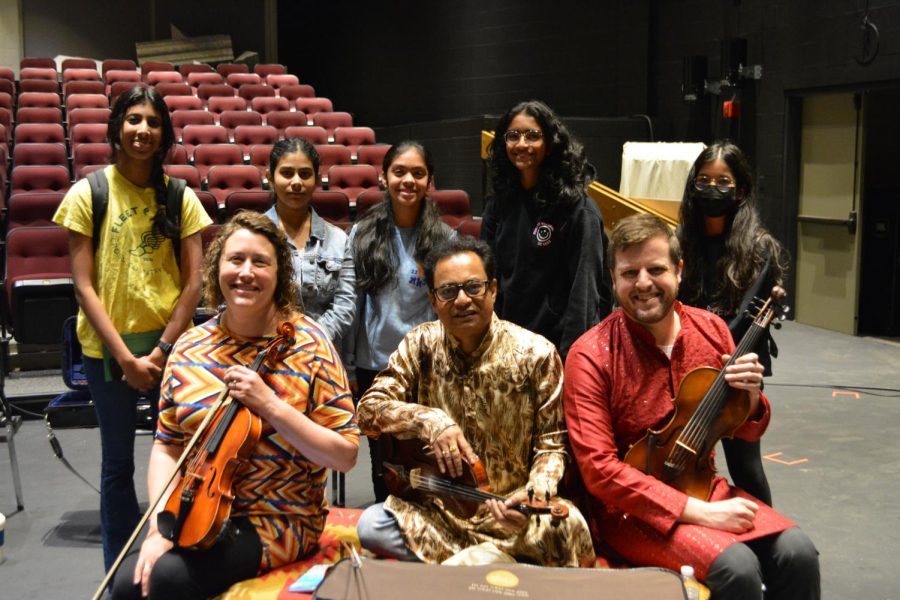 Orchestra Director, Alicia Bont and orchestra students meet with Violision band members, Roopam Ghosh and Matt Pickart after an interactive workshop in Indian Classical Music.