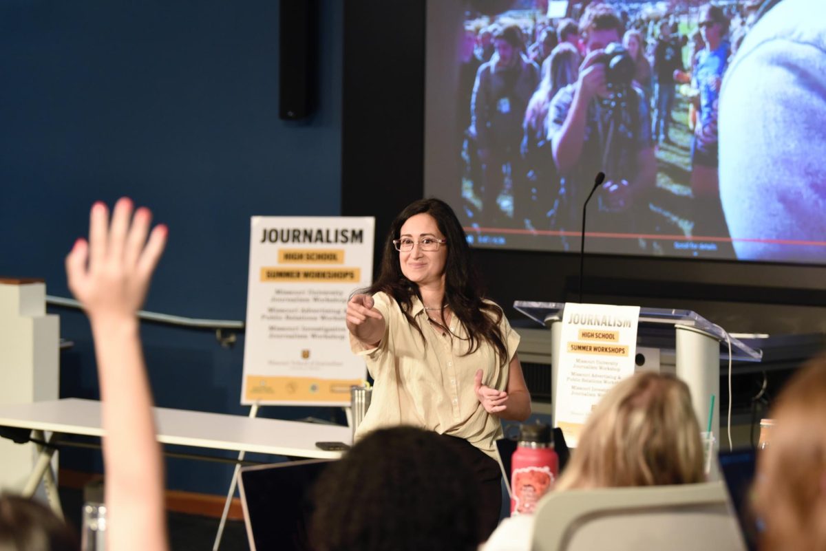 Guest speaker, Rebecca Rivas, a reporter for the Missouri Independent, gives a presentation on community impact on Wednesday June 28 in the Reynolds Journalism Institute.
