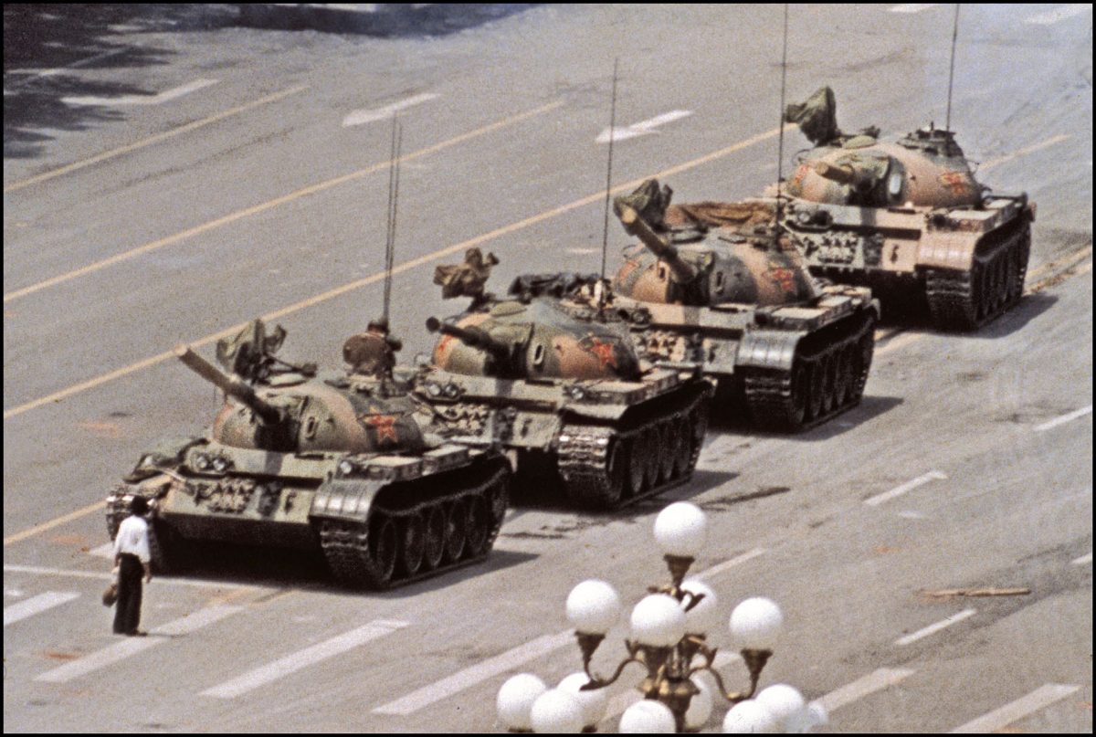 On June 5, 1989, an unknown Chinese man in Beijing attempts to block the tanks on the street. This picture is regarded as one of the most iconic picture ever taken, although its consored in China. Photo courtsey of Jeff Widener