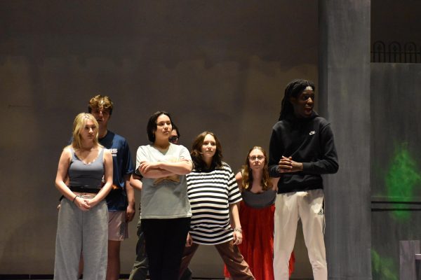 Actors Clover Fortus, Charlie Dorsch, Paige Piromsuk, Izzy Herberger, Valyn Lutz Mikaela fisk, Chance McCline rehearse their parts for the Addams Family musical on Feb. 8