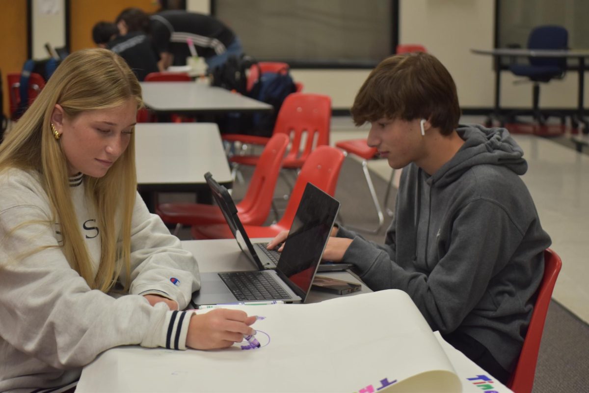 Sierra Voudrie (10) and Nate Loiterstein (10) work on their amusement park poster project in their AP World History class on April 24 in the history commons. 