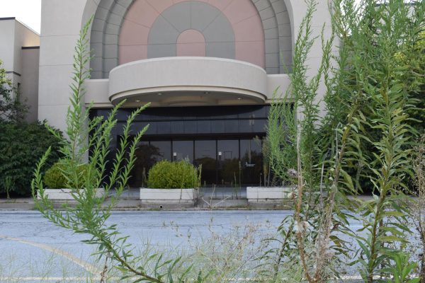 Plants grow around abandoned mall entrance on Aug. 30.