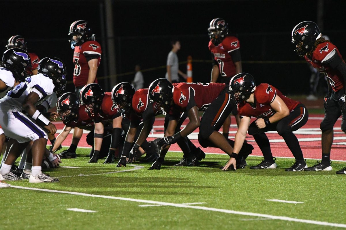 The Colts line up for a defensive play against the Parkway North Vikings on Sept. 13 at Parkway Central High during the Colts’ Homecoming Game. 
