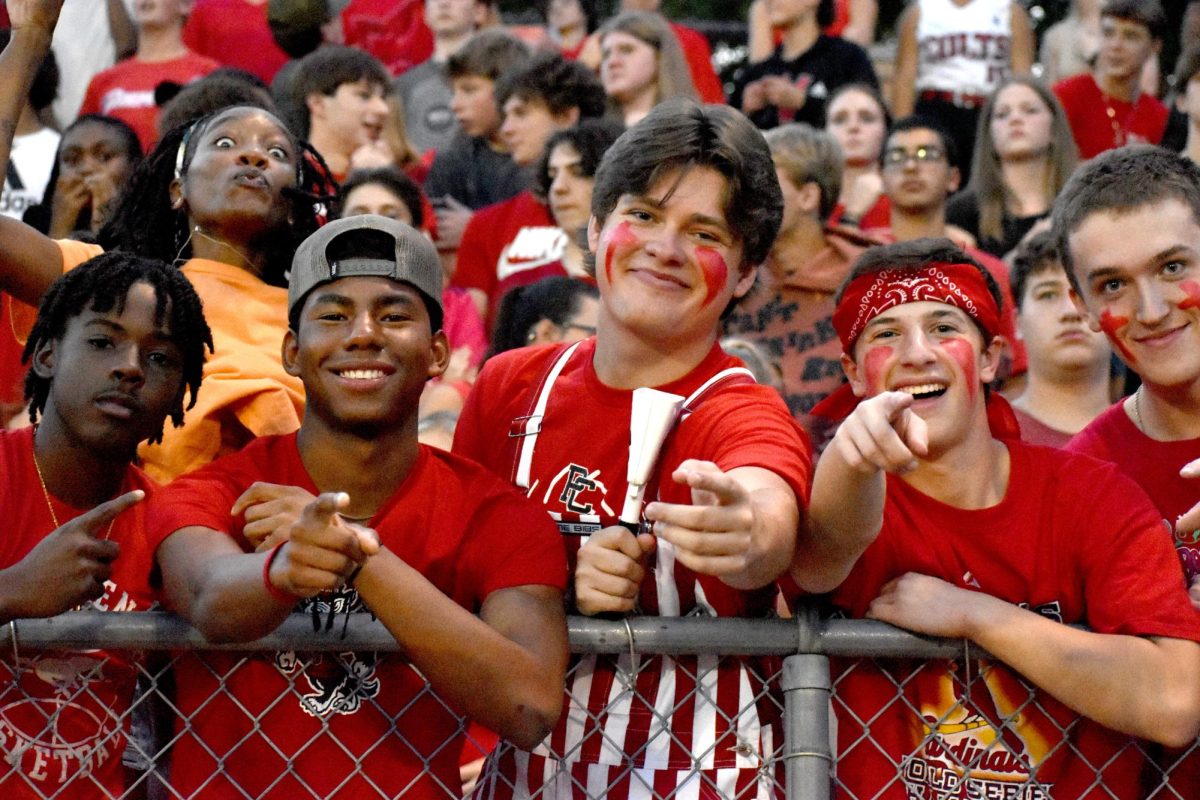 Seniors Dillion Harris, Elijah Jun, Charlie Evers, Leo Brown, and Ephraim Couchman show off their school spirit at the first home football game of the year. The Colts hosted Hazelwood East. 