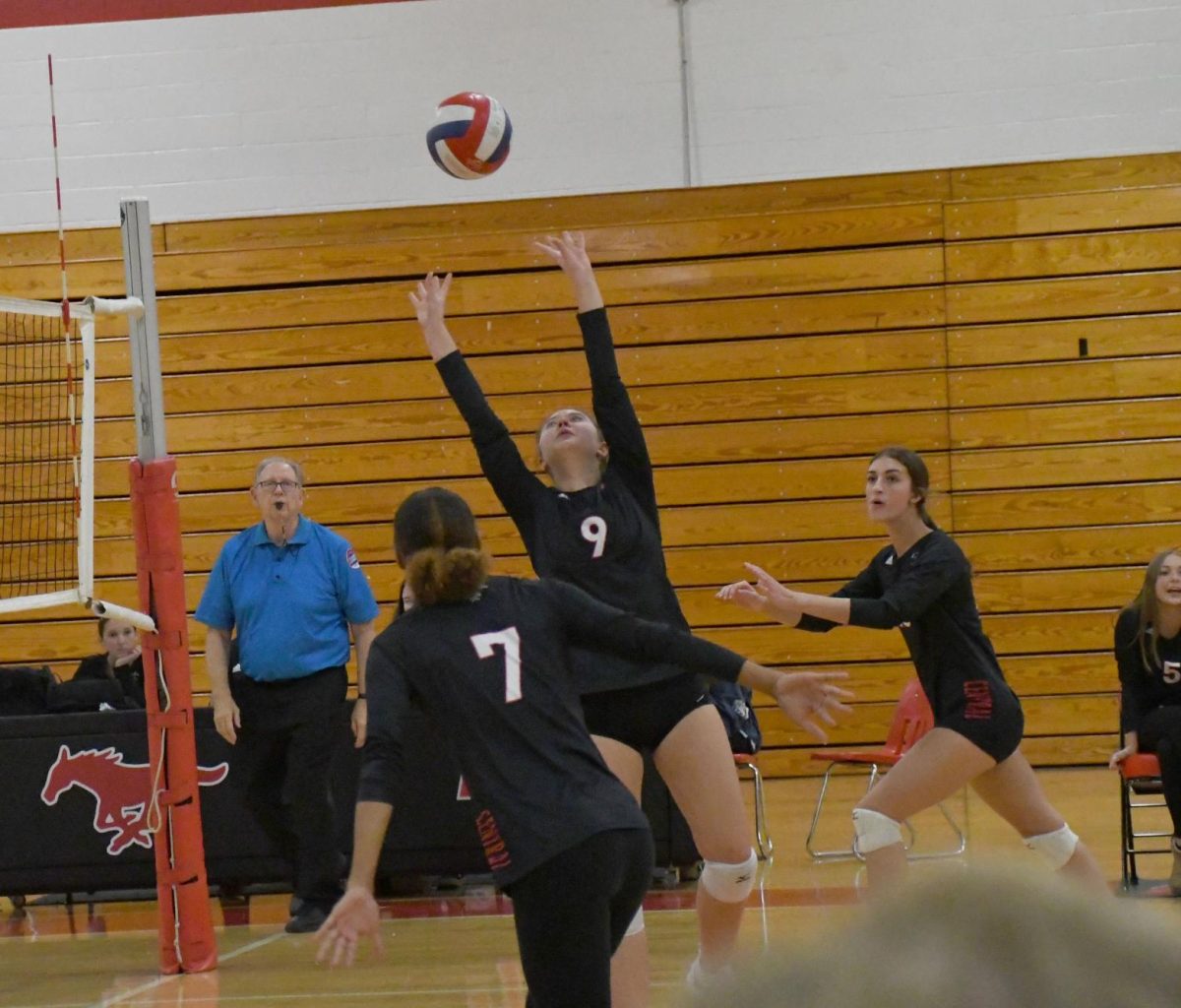 SMOOTH SET Lilly Borlin (12) sets the ball as Bianca Williams (12) and Allyssa Schaut (12) prepare to hit towards Parkway West on Oct. 16 in Parkway Central Gym A. “I like being a setter because it’s not in the spotlight but it’s still a crucial role that is involved in almost every point,” Borlin said.