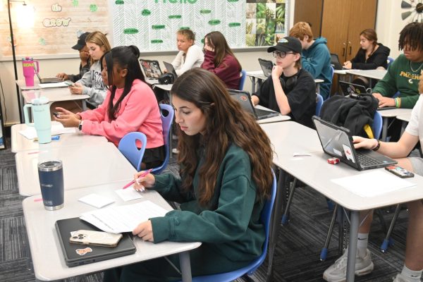 Shani Rodin (10) works in Sophia Brown’s U.S. and World History class on Oct. 7. Comfortable clothes dominate fashion in high school, but even comfortable clothes are promoted by influencers.  